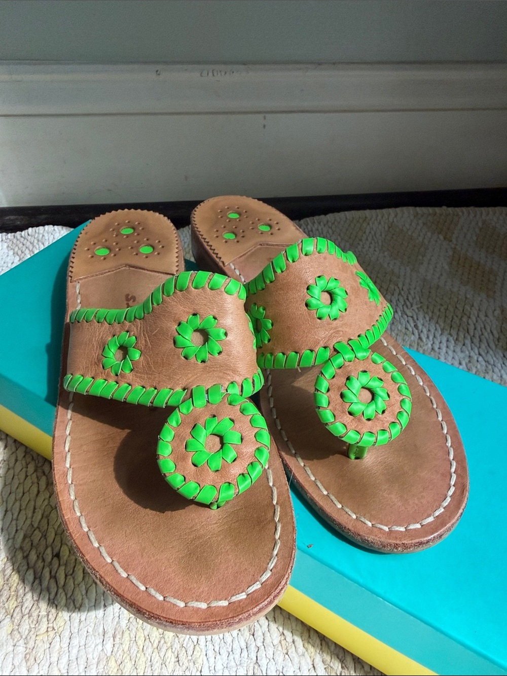 Jack Rogers Tan Leather Sandals with Bright Green Trim